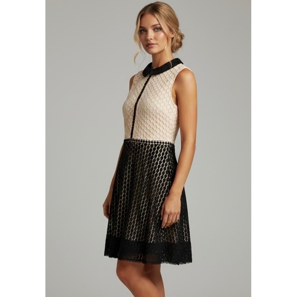 Twik by Simons Lace Colorblock Peter Pan Collar Dress‎ XS Black Cream Mini